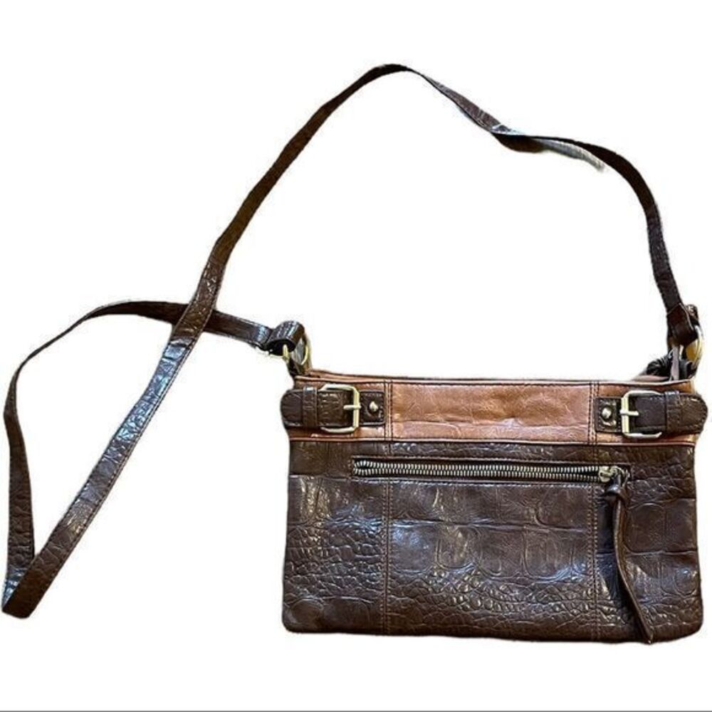 Women's Faux Leather Croc Embossed Small Crossbody Purse Bag in‎ Brown